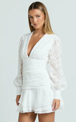 Bijou Mini Dress - Embroidery Long Sleeve Dress in White