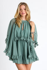 Rhozie Cream Embroidered Swiss Dot Cape Sleeve Tiered Mini Dress
