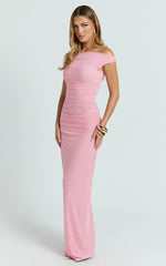 Harrison Maxi Dress - Off Shoulder Ruche Wide Waistband Long Skirt Mesh Dress in Pink