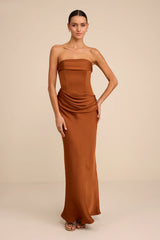 Verbena Magenta Satin Draped Strapless Maxi Dress
