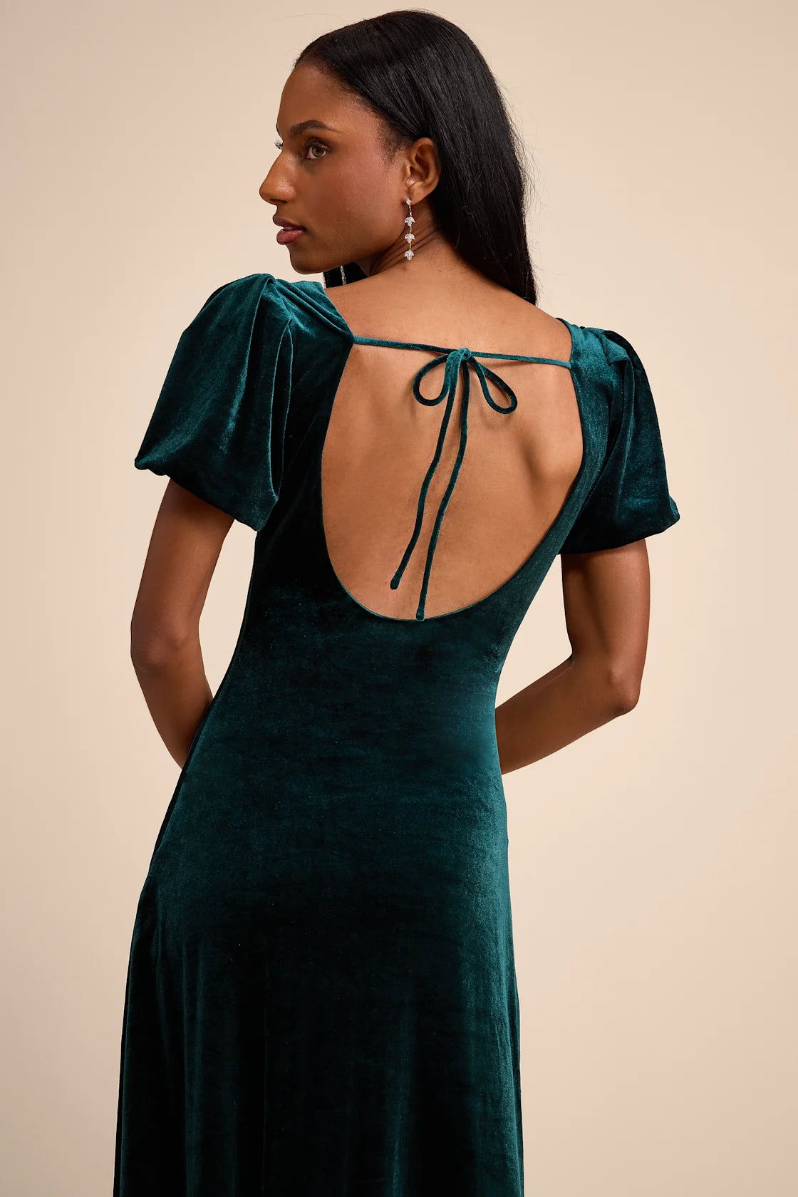Obrissa Slate Blue Velvet Puff Sleeve Tie-Back Midi Dress