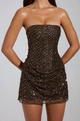 Embellished Bandeau A-Line Mini Dress in Brown