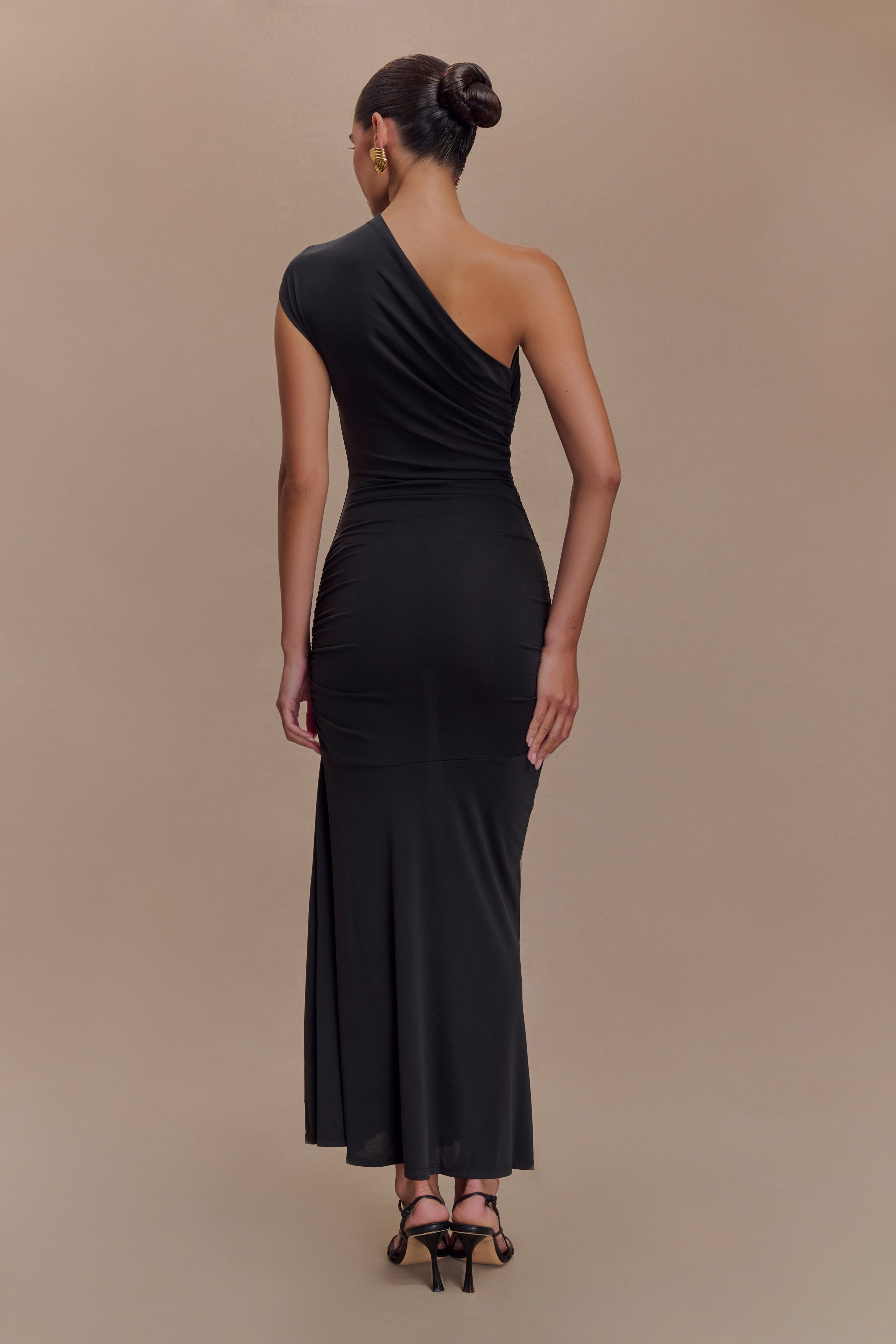 Chloe Peached Jersey One Shoulder Midi Dress - Black