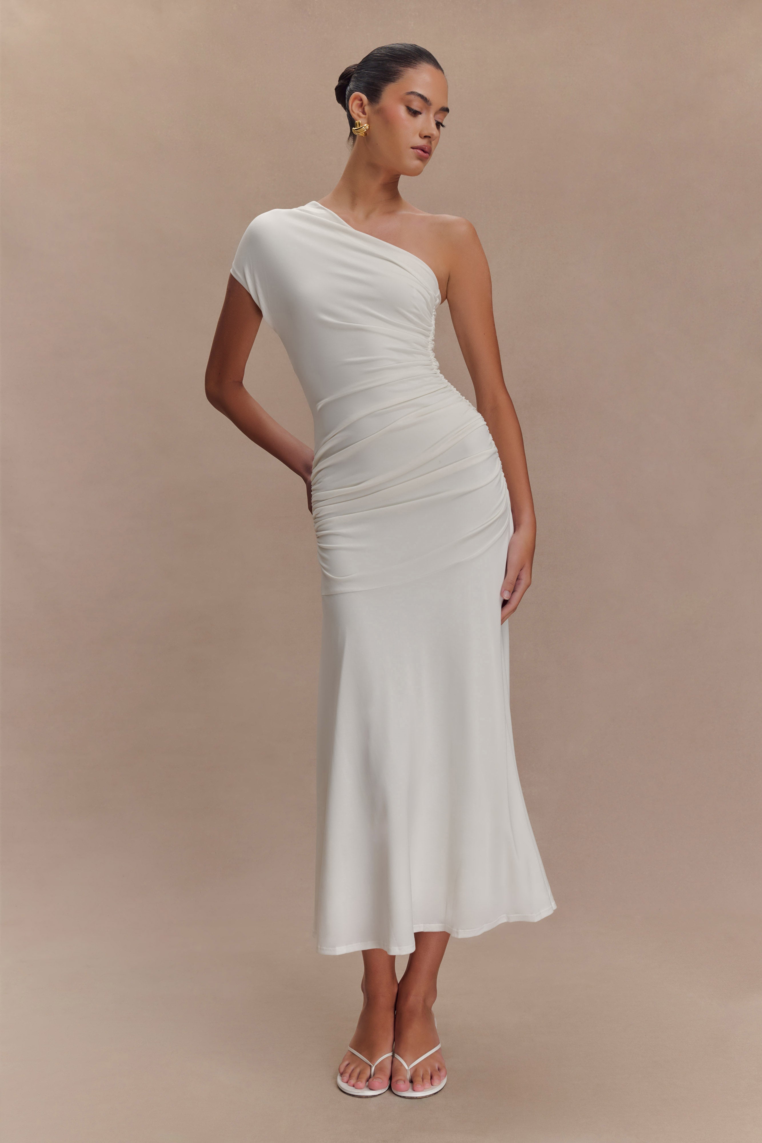 Chloe Peached Jersey One Shoulder Midi Dress - Ivory