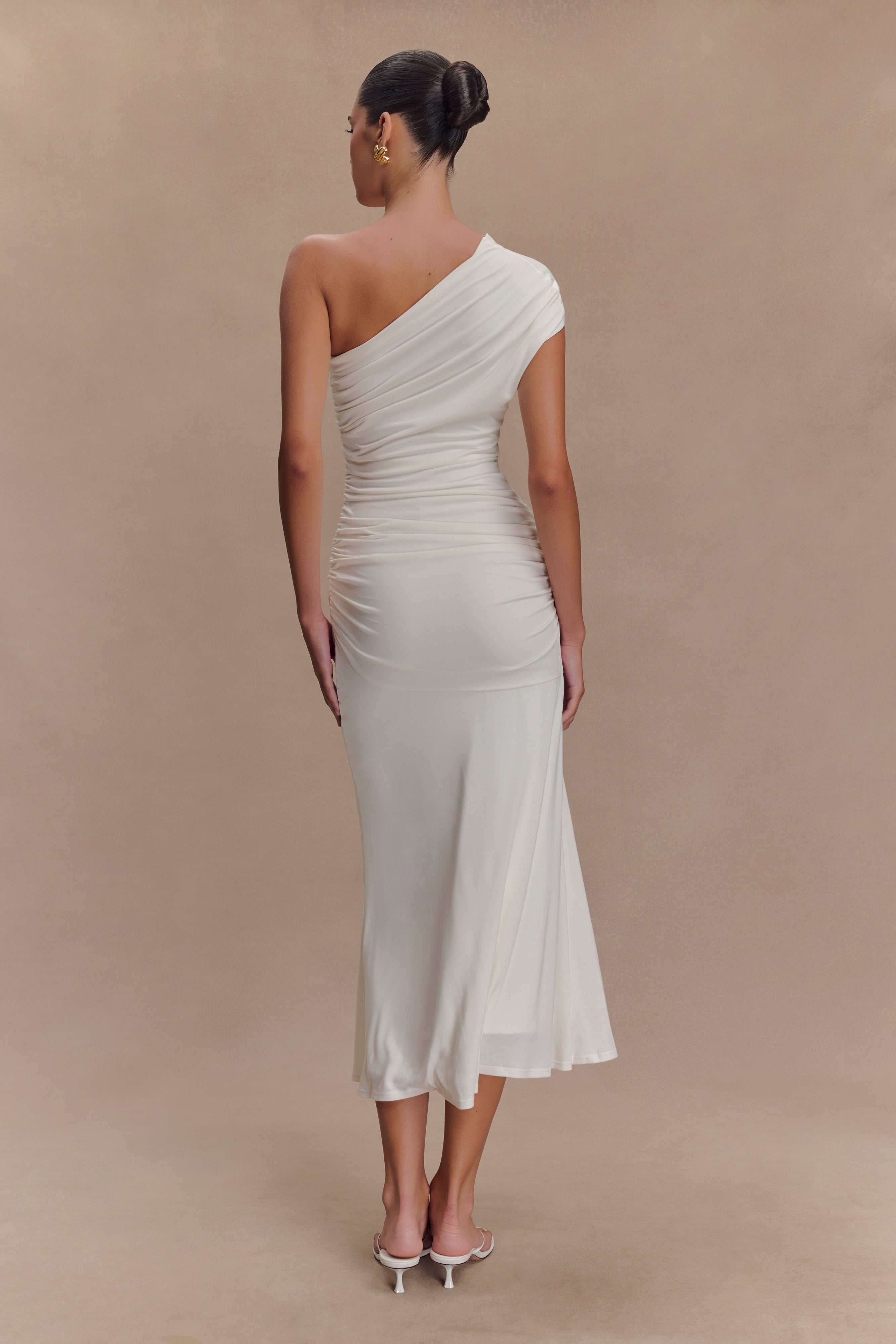 Chloe Peached Jersey One Shoulder Midi Dress - Ivory