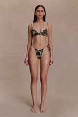 Andie Ruched String Side Bikini Brief - Green Fluid Reverie Print