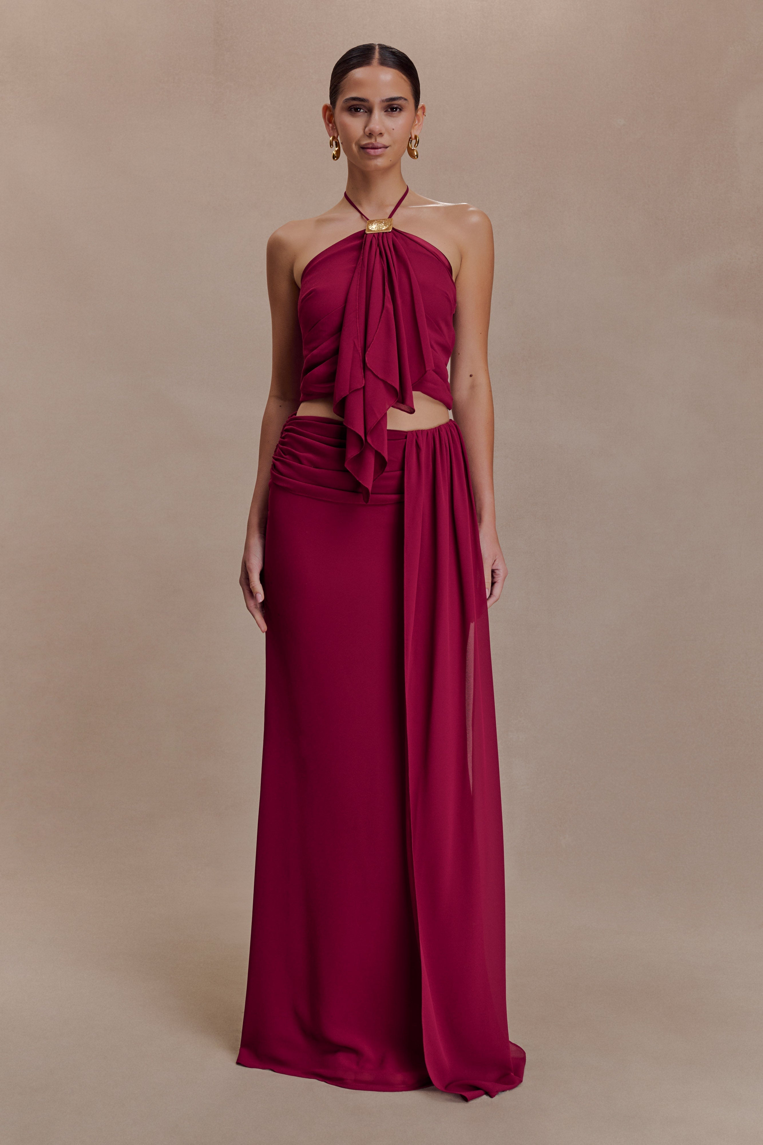 Celina Chiffon Halter Top With Hardware - Cherry Red