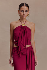 Celina Chiffon Halter Top With Hardware - Cherry Red