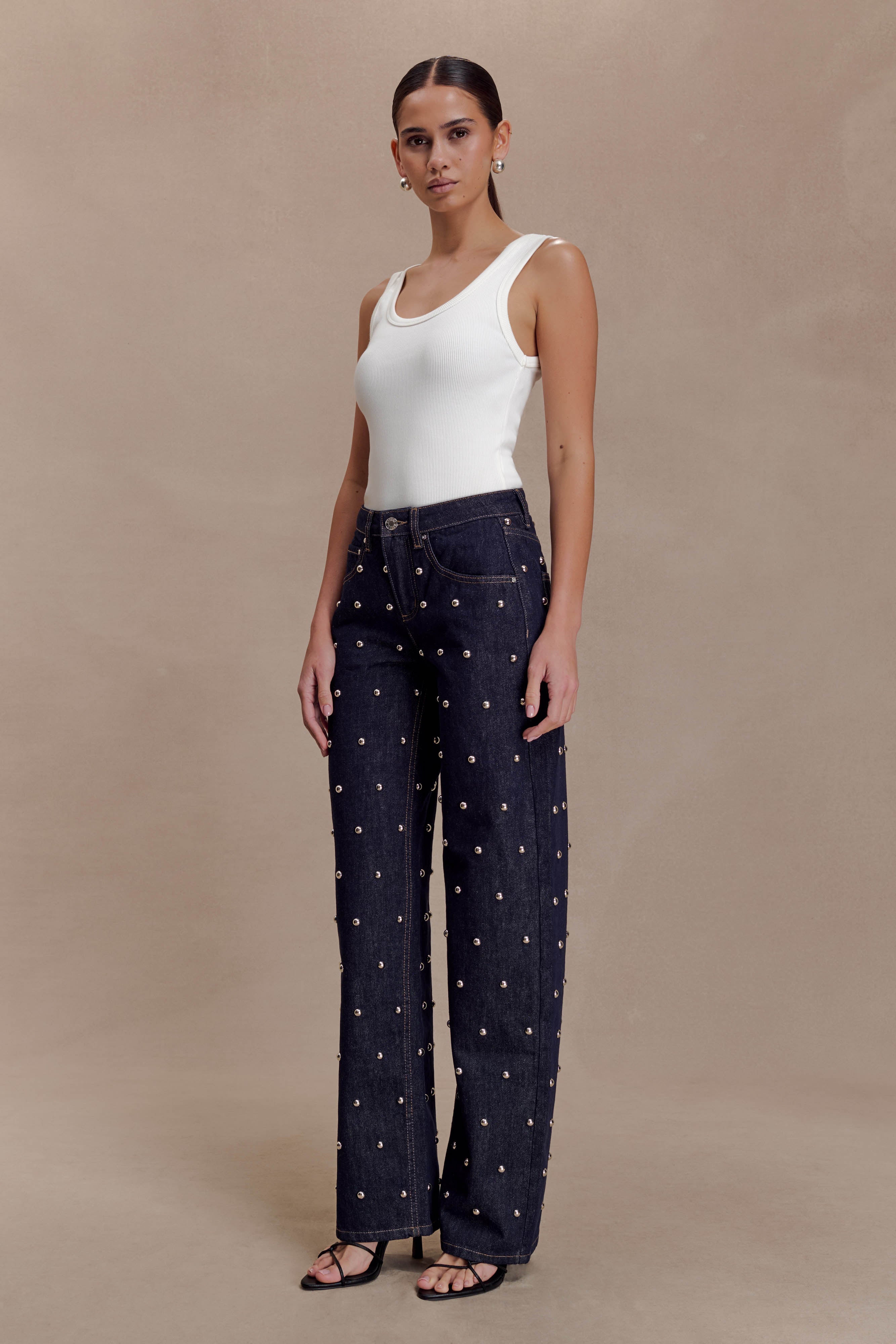 Alima Mid Rise Stud Denim Jeans - Washed Indigo Blue