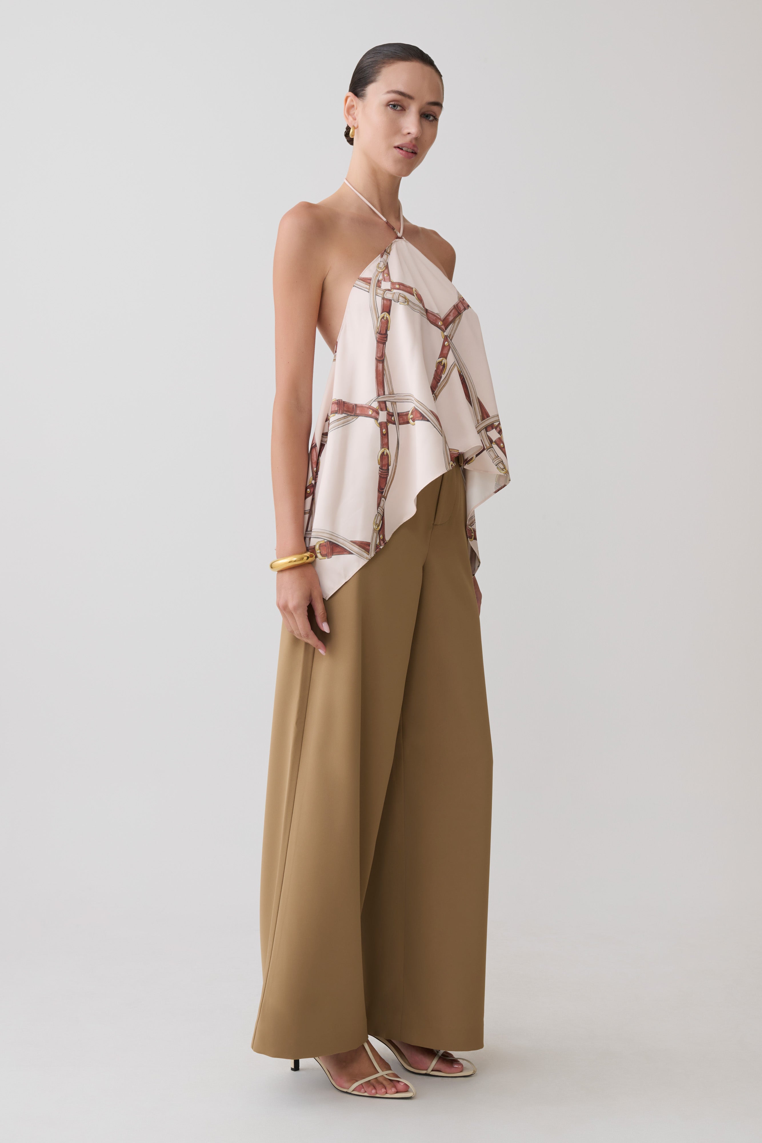 Adelaide Draped Satin Halter Top - Chain Print
