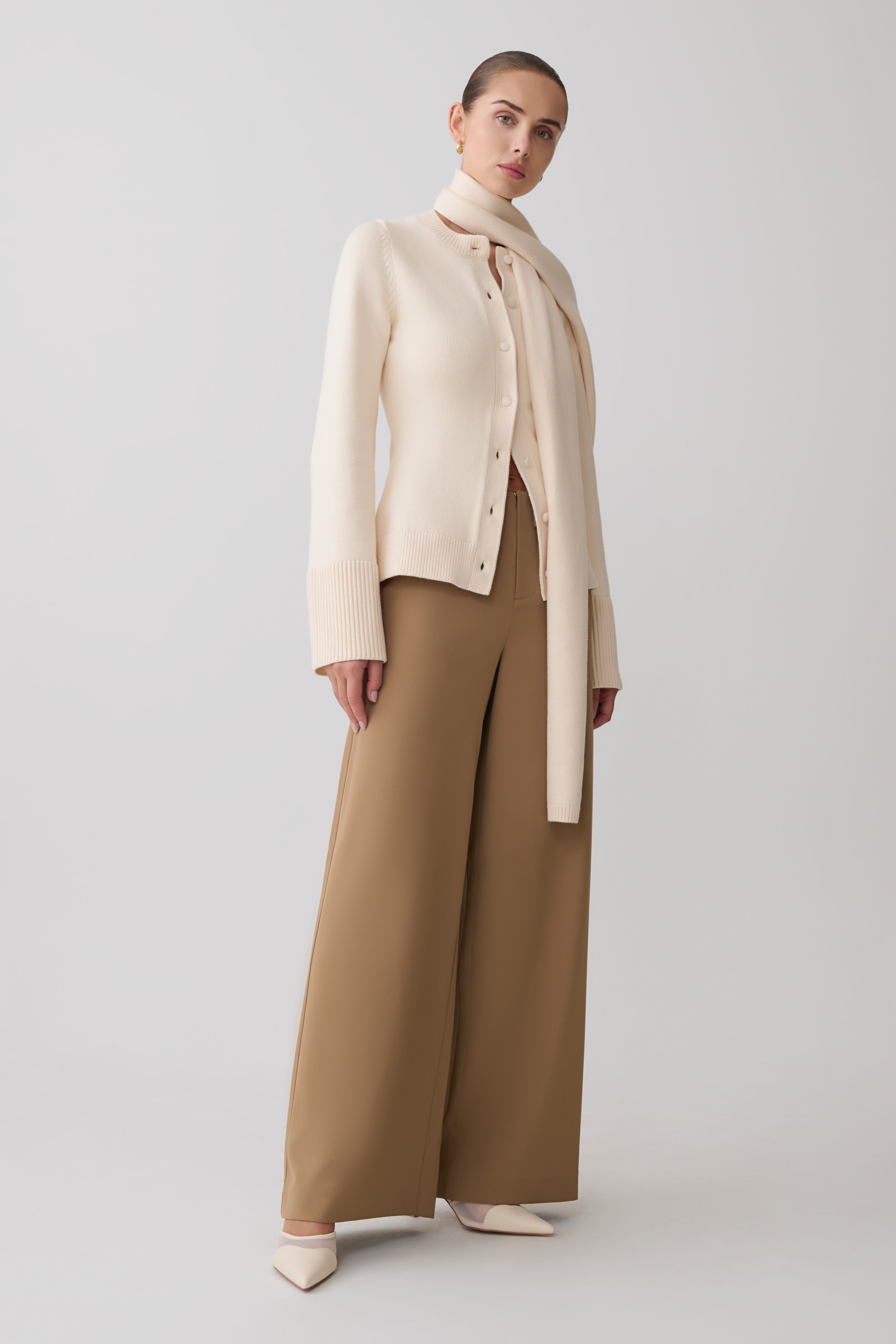 Lara Knit Cardigan With Scarf - Ivory