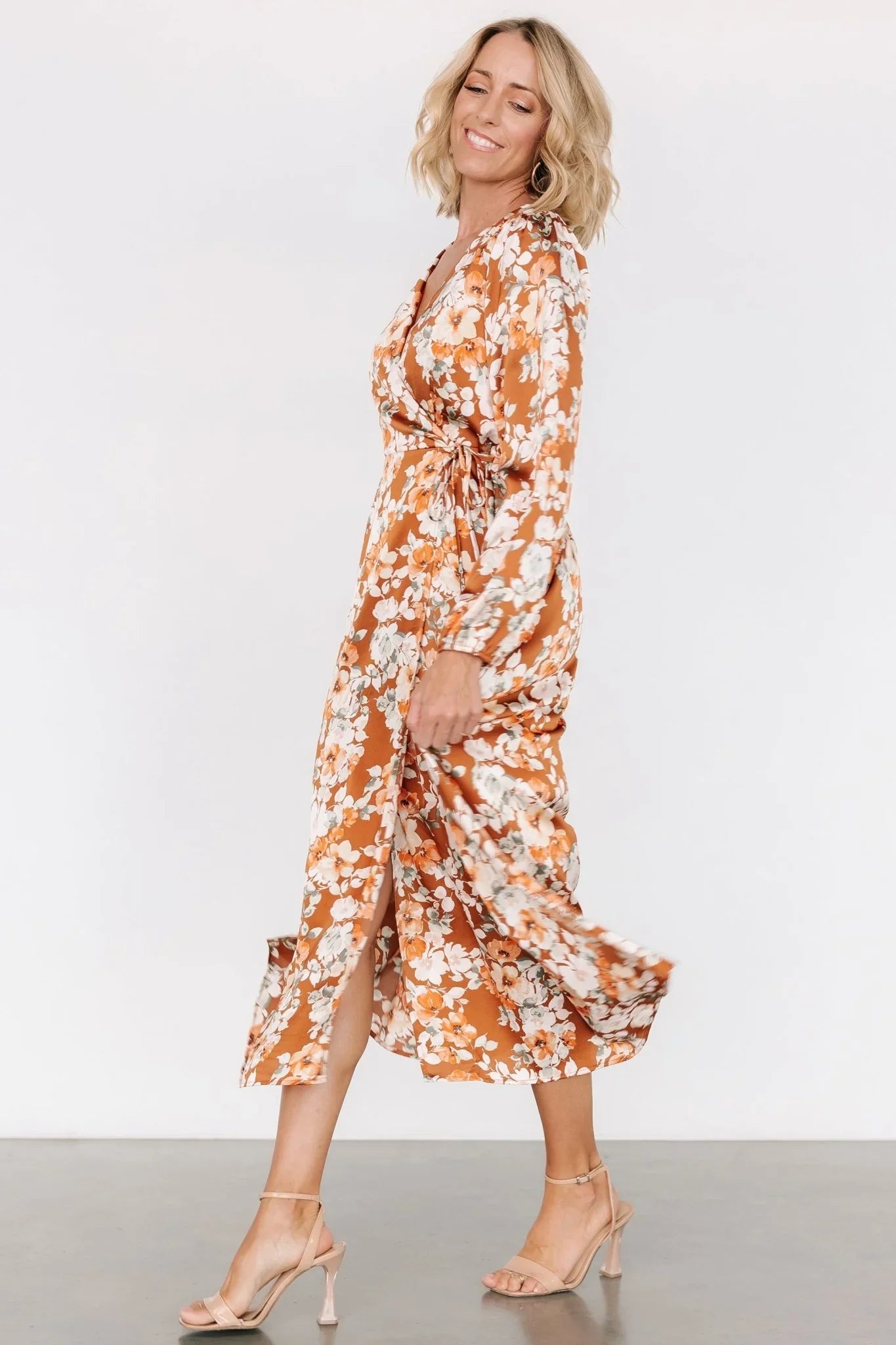 Clarissa Faux Wrap Midi Dress | Copper + Ivory