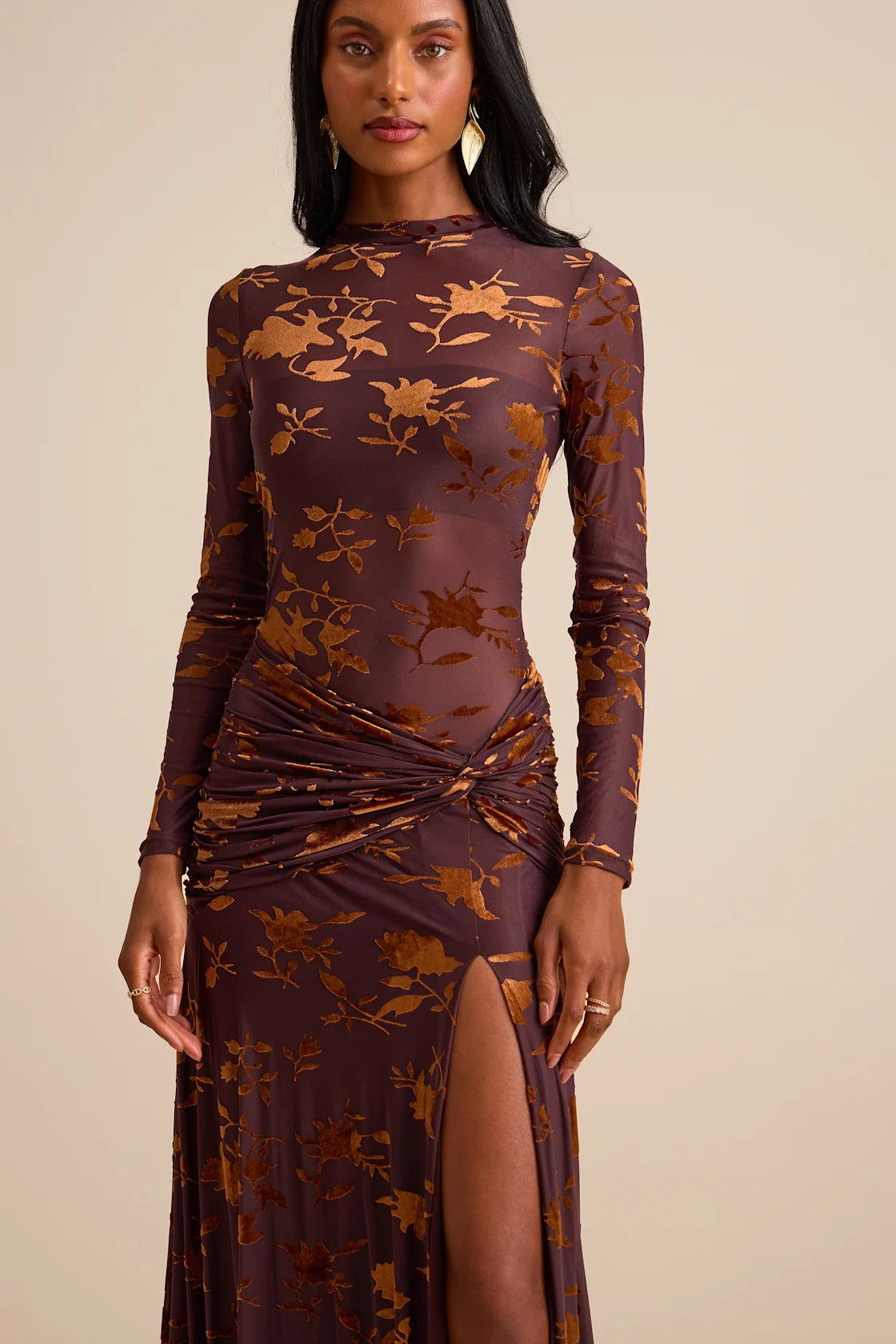 Charlize Brown Sheer Mesh Velvet Burnout Maxi Dress