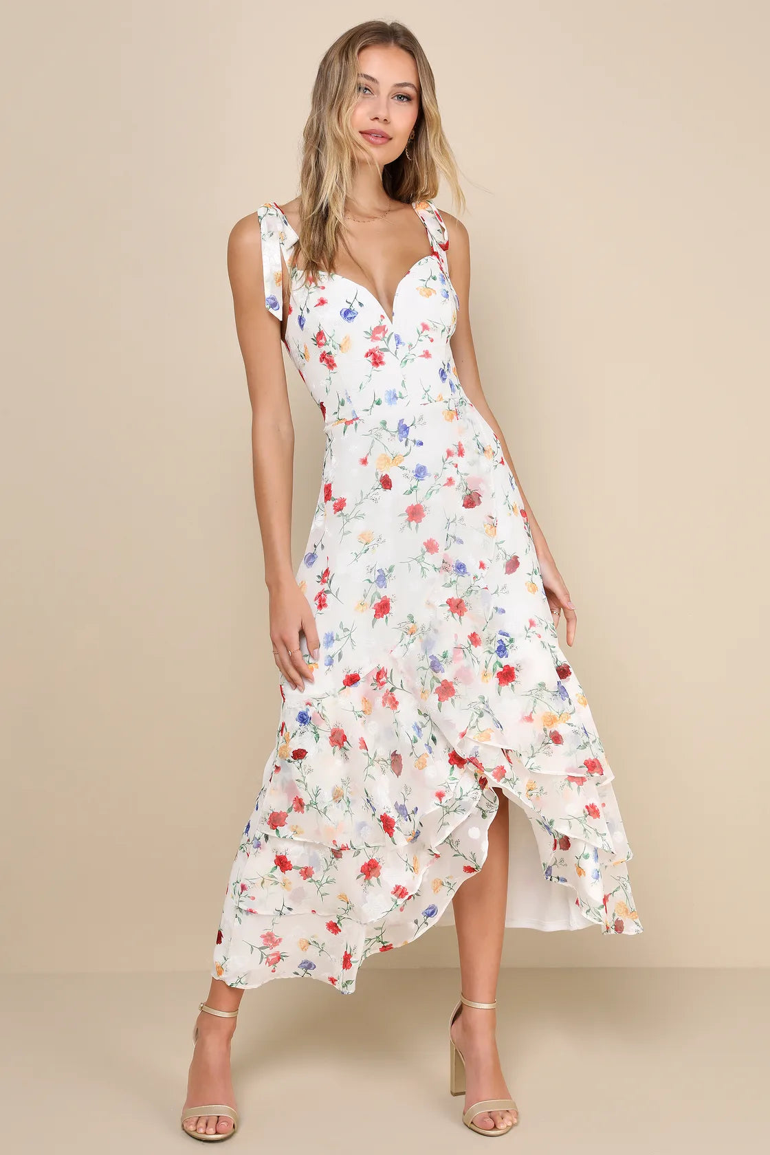 So Elevated Red Floral Jacquard Tie-Strap High-Low Midi Dress