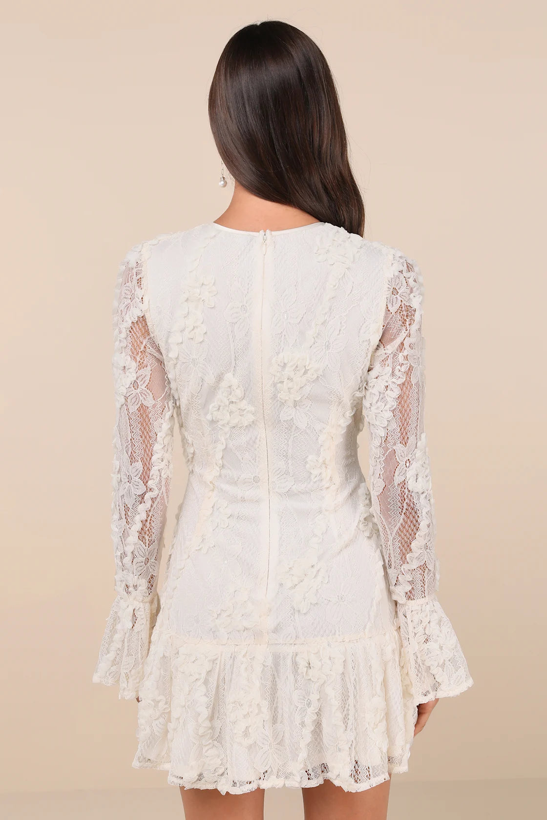 Darling Era Ivory Lace Applique Long Sleeve Ruffled Mini Dress