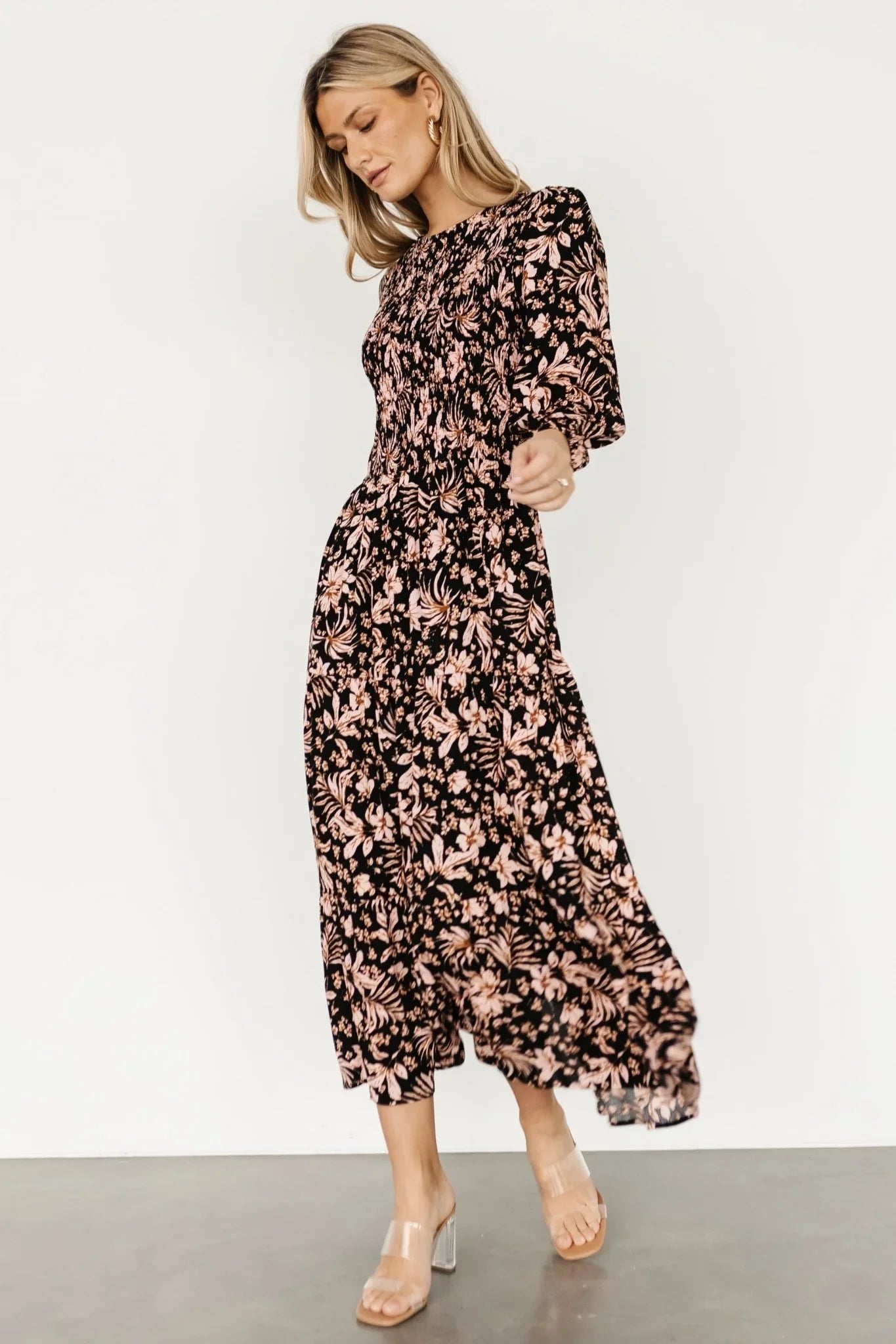 Rochelle Smocked Midi Dress | Black Multi Floral