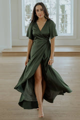 Vara Satin Maxi Wrap Dress | Juniper Green