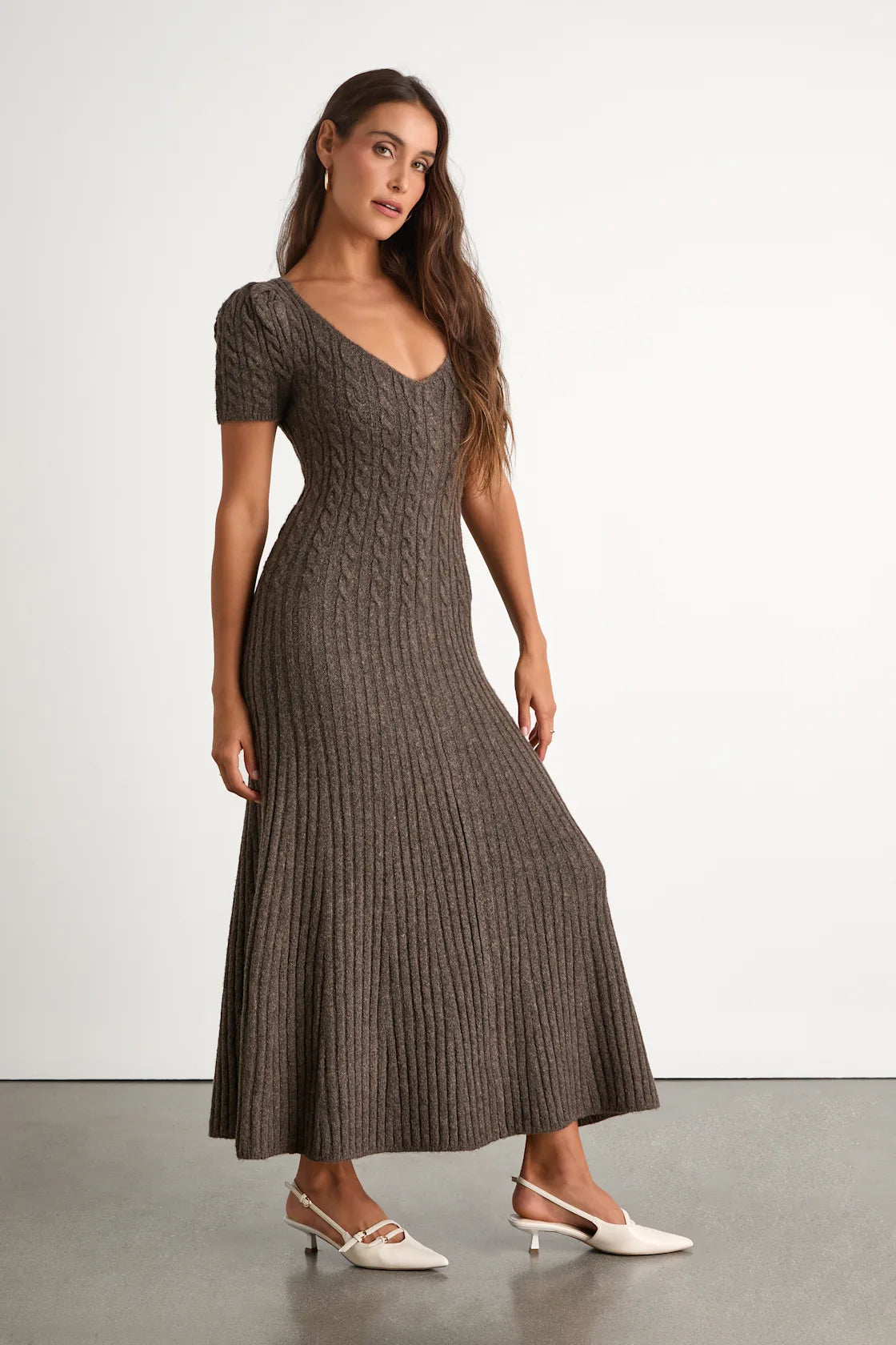 Antonela Heathered Brown Puff Sleeve Sweater Midi Dress