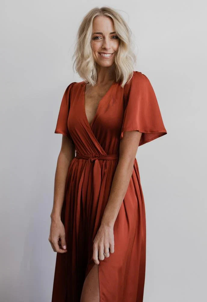 Sicily Satin Maxi Dress | Rust