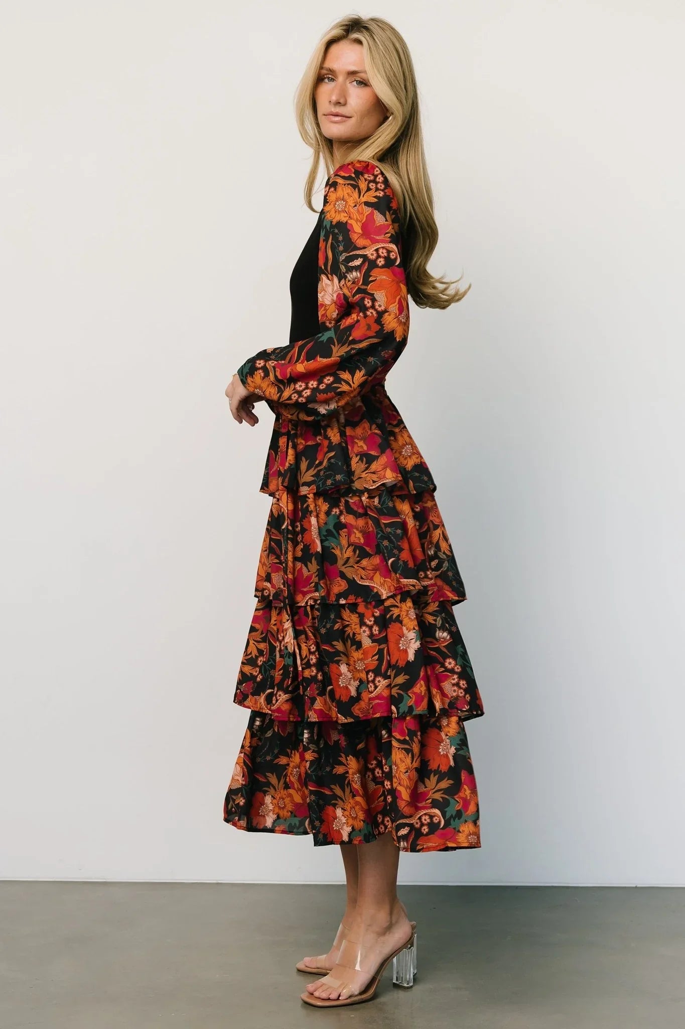 Sylvie Tiered Midi Dress | Black Multi