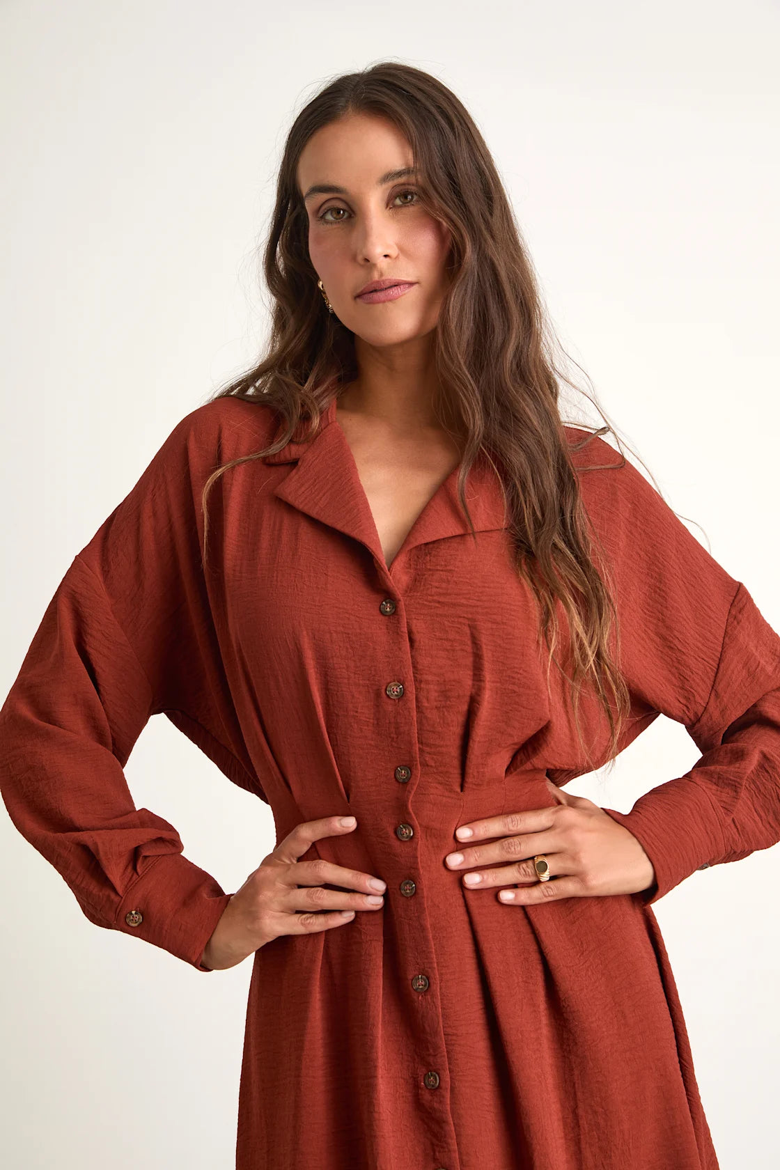 Timeless Class Rust Collared Button-Up Pleated Midi Dress