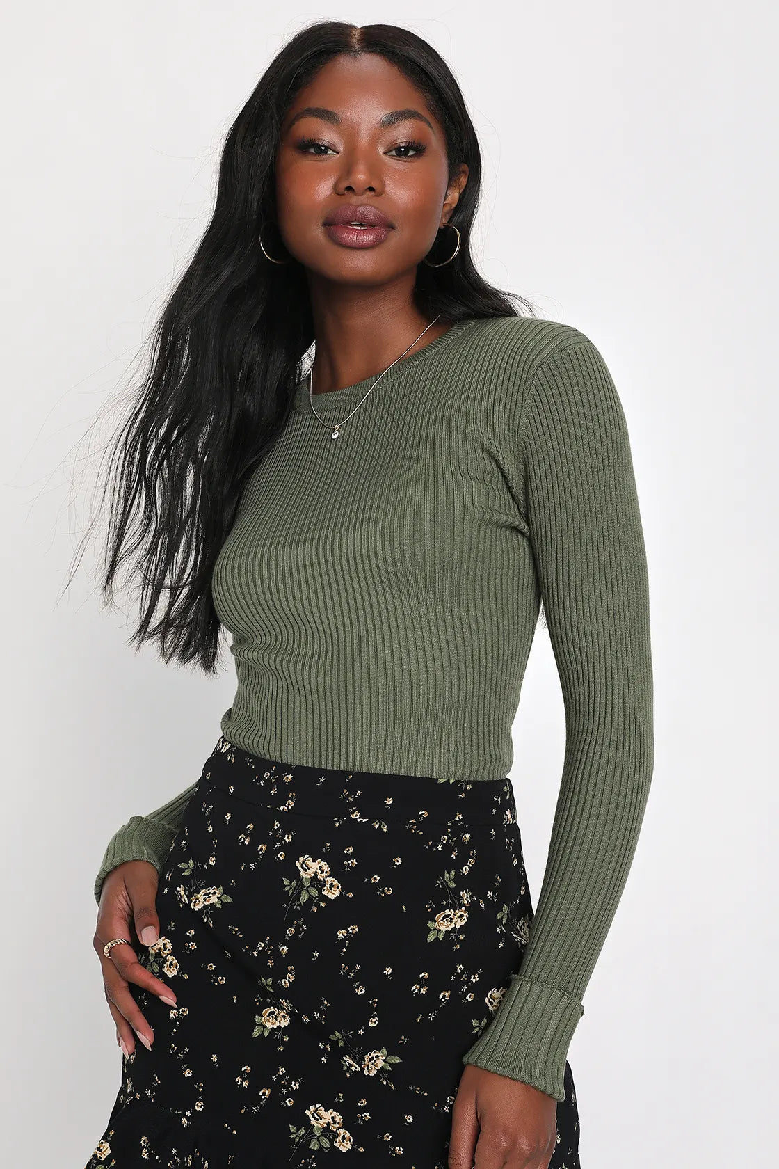 Karlee Dark Teal Blue Ribbed Knit Long Sleeve Sweater Top