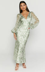 Freollyn Midi Dress - Deep V Neck Long Sleeve Dress in Sage