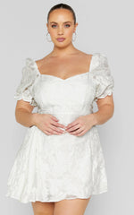 Brailey Mini Dress - Puff Sleeve Fit and Flare Dress in White