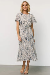 Alexandra Pleated Dress | Off White + Blue