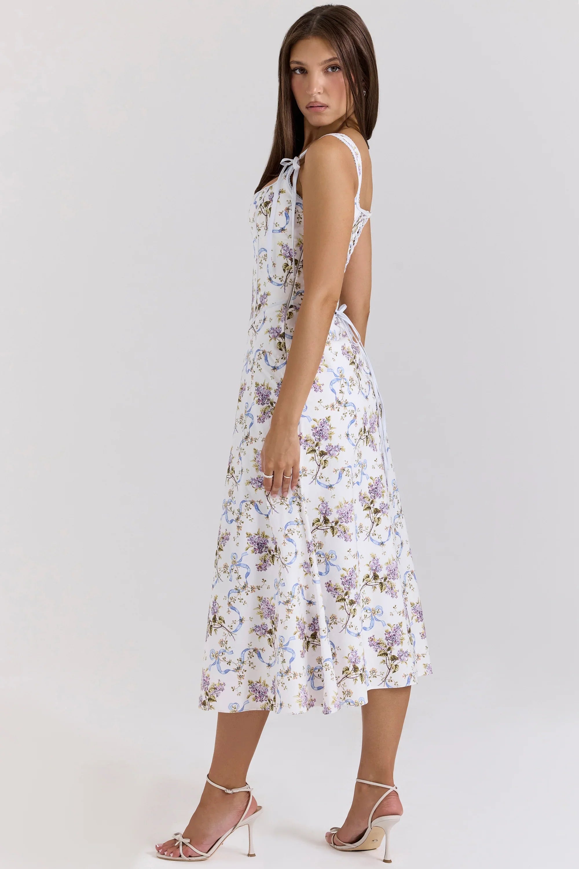 Off White Floral Print Cotton Midi Dress