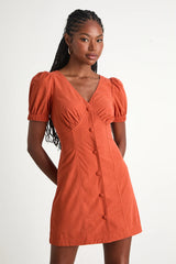 Adored Cutie Brown Floral Corduroy Button-Front Mini Dress