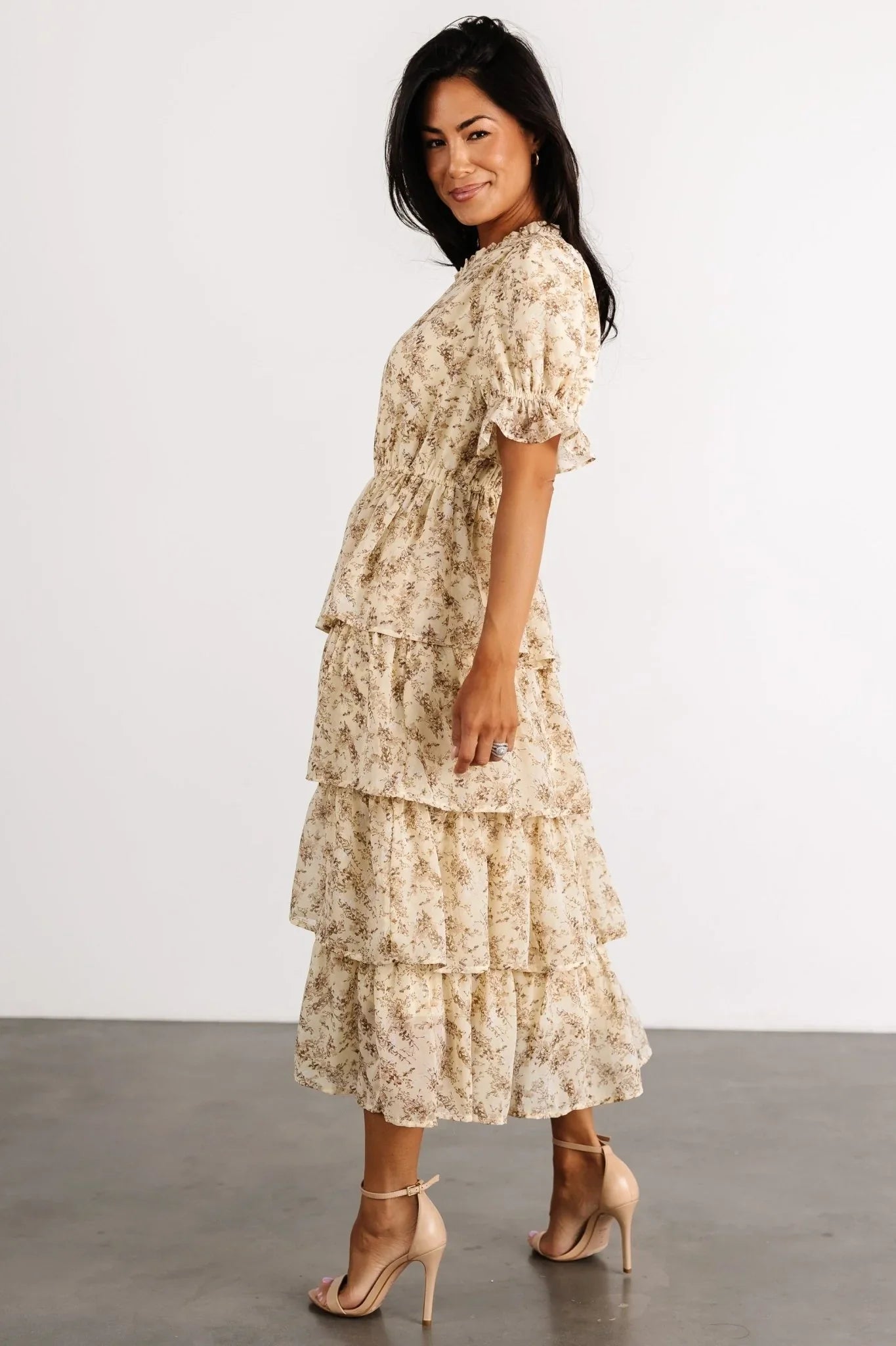 Pia Tiered Midi Dress | Pale Yellow Floral
