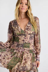 Ismini Beige Multi Patchwork Long Sleeve Mini Dress
