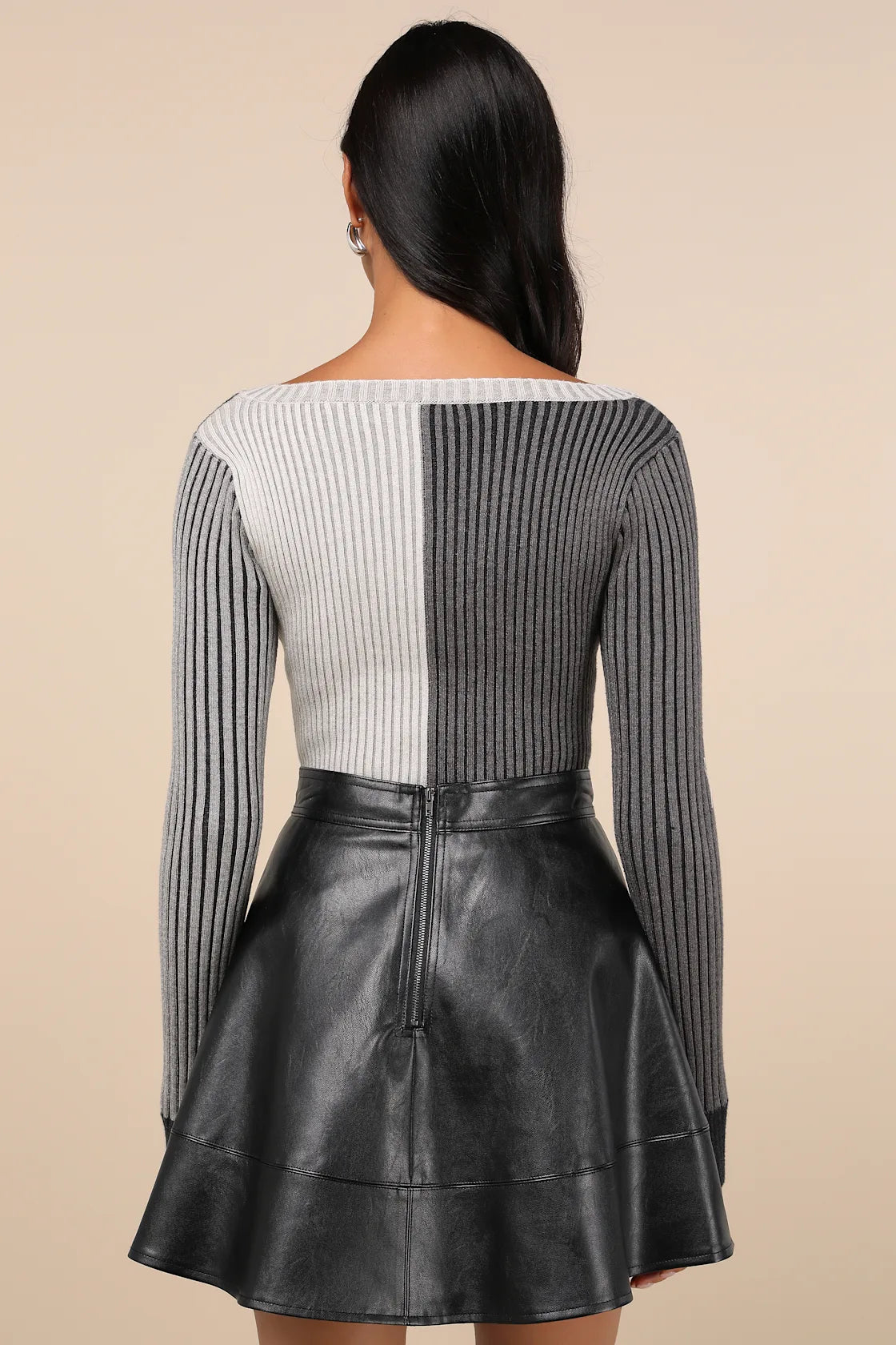 Mod Cutie Burgundy Color Block Ribbed Long Sleeve Bodysuit