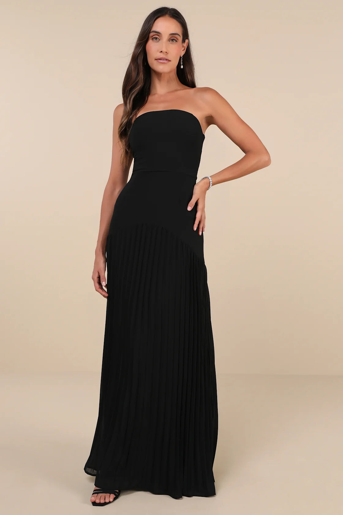 Celebratory Aesthetic Blush Pink Pleated Strapless Maxi Dress
