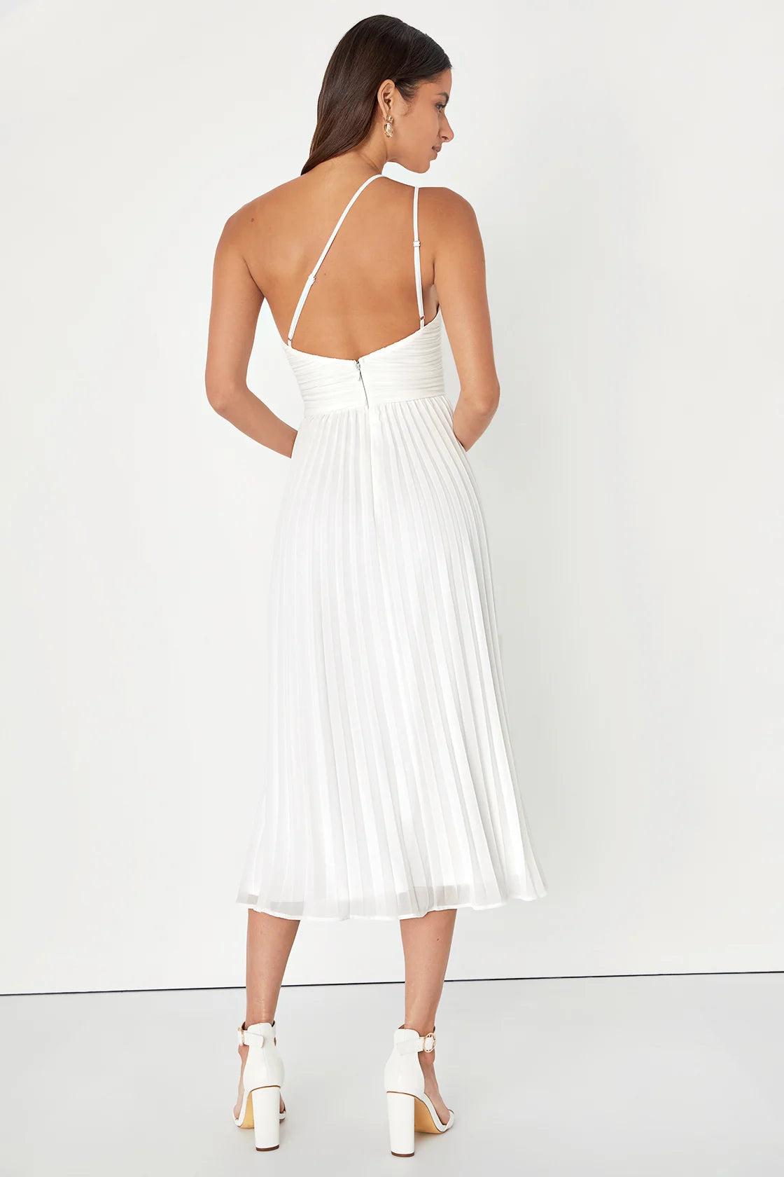 Wondrous Muse Navy Blue Pleated One-Shoulder Midi Dress