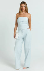 Ella Two Piece Set - Ruched Strapless Top and Tailored Pants in Blue