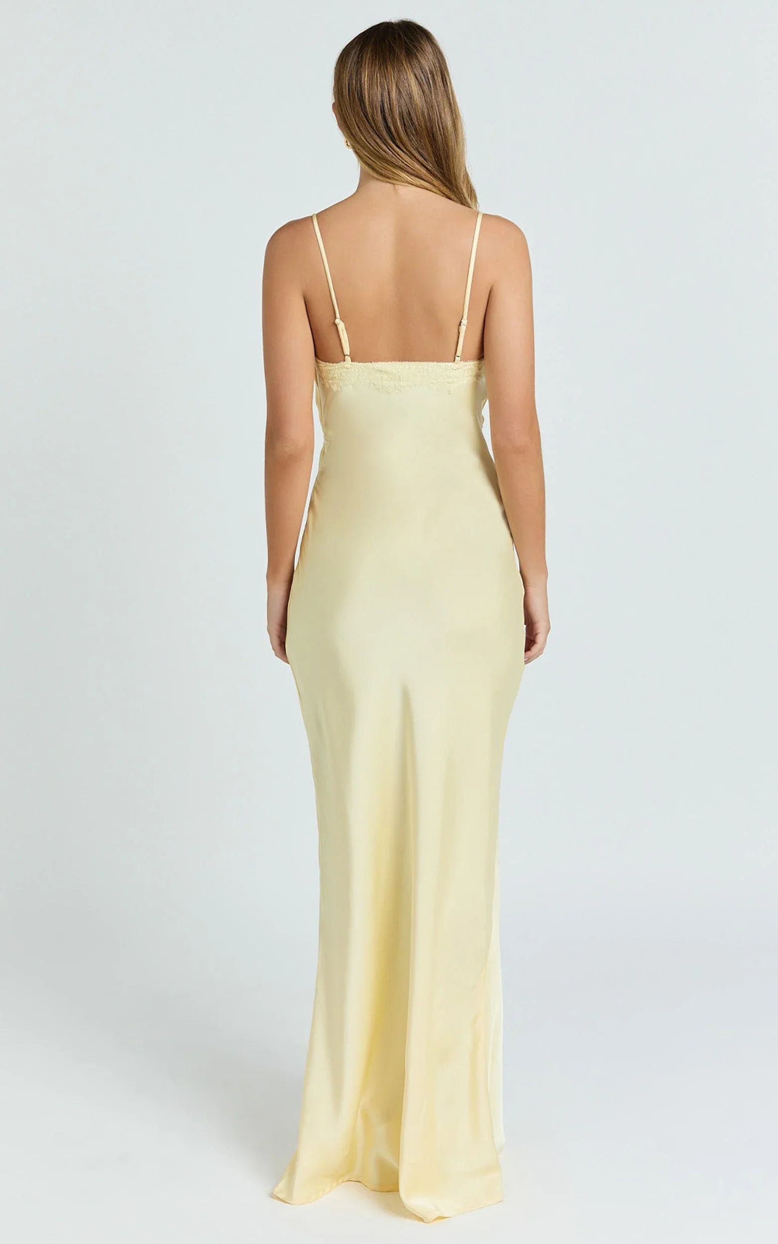 Liliane Maxi Dress - Lace Trim Bias Cut Dress in Lemon